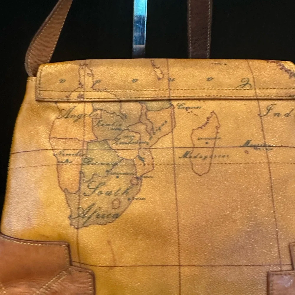 Alviero Martini Yellow Map-Print Crossbody Bag with Brown Trim - Picture 6 of 10
